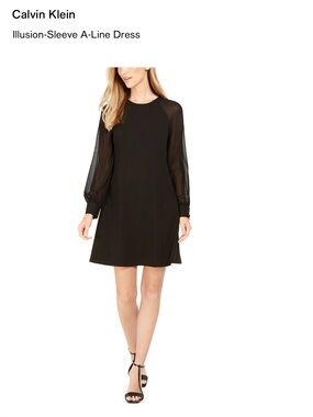 Calvin Klein Black A-Line Dress with Sheer Long Sleeves